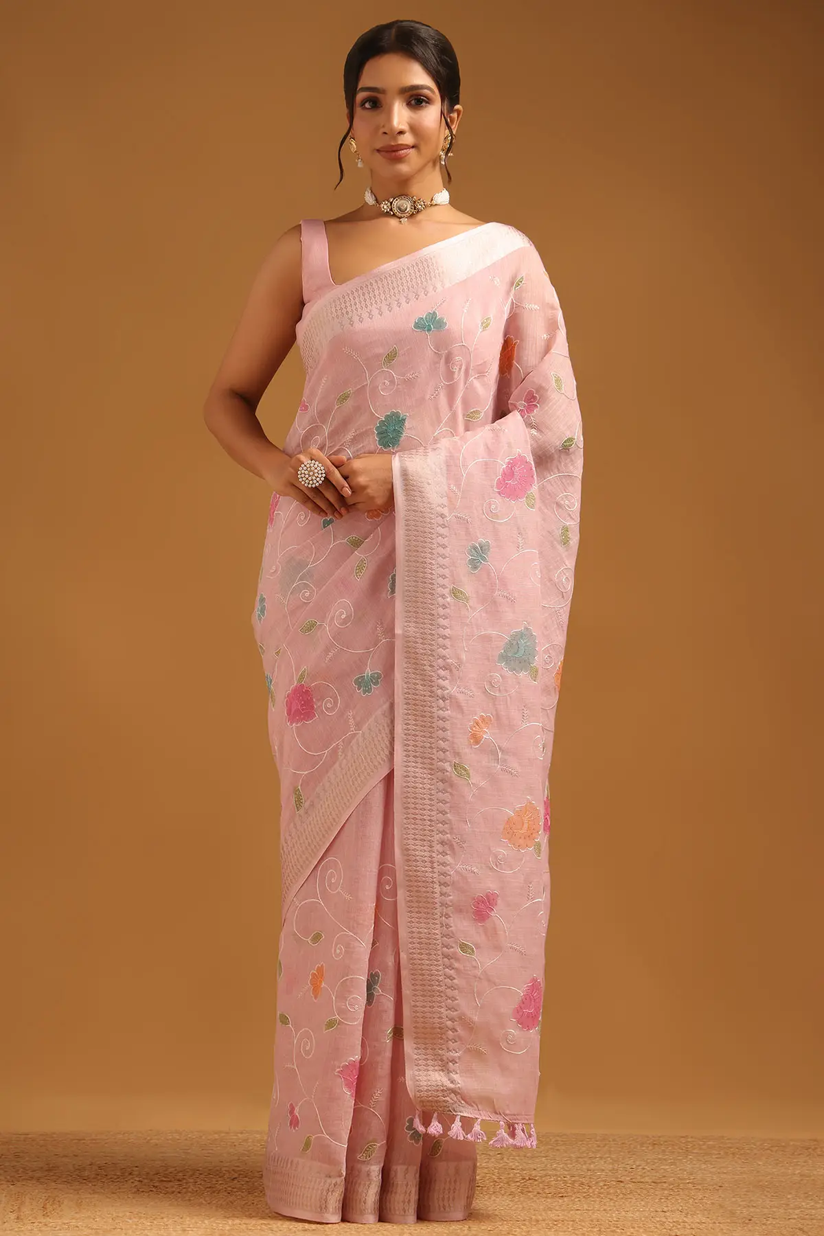Pink Linen Floral Embroidered Saree With Sequin